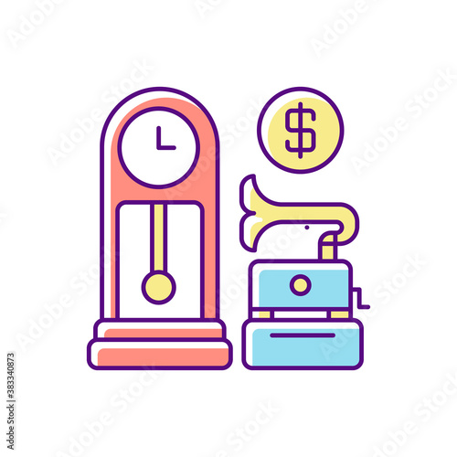 Antique store RGB color icon. Rare and vintage goods sale. Retail business, consumerism. Business of buying and reselling retro items. Isolated vector illustration