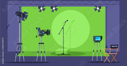 Musical show filming semi flat vector illustration. Musical microphone. Professional television recording equipment. Content cration ideas. Studio set 2D cartoon scenery for commercial use