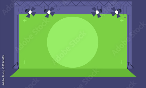 Movement tracking technology semi flat vector illustration. Movie creation filming set. Green screen. Special effects. Modern equipment. Studio interior 2D cartoon scenery for commercial use