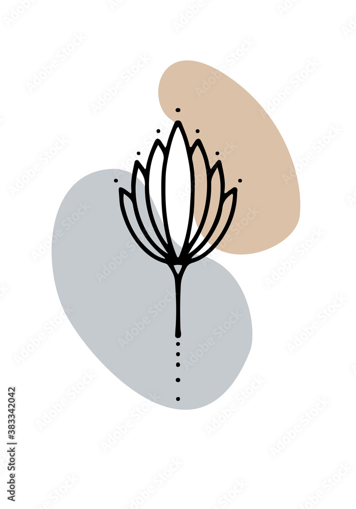 Graphical flower illustration. Lotus flower line art, beige anf grey pattern background. Graphical flower illustration. Lotus flower line art, beige anf grey pattern background.