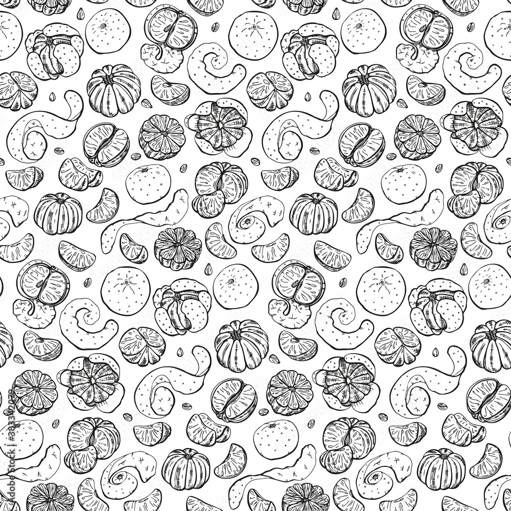 Tangerine pattern. Organic food, vector doodle hand drawn sketch style. Mandarin background for fabric print, textiles, wrapping paper, food packaging. Tangerine pattern. Organic food, vector doodle hand drawn sketch style. Mandarin background for fabric print, textiles, wrapping paper, food packaging.