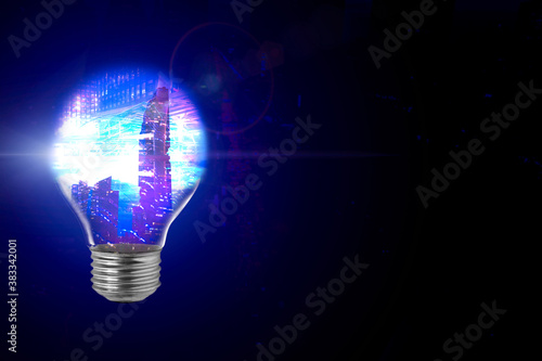 Abstract businesses innovation idea with concept of transform evolution urban smart energy city building traffic transportation in light bulb to inspire creative strategy management