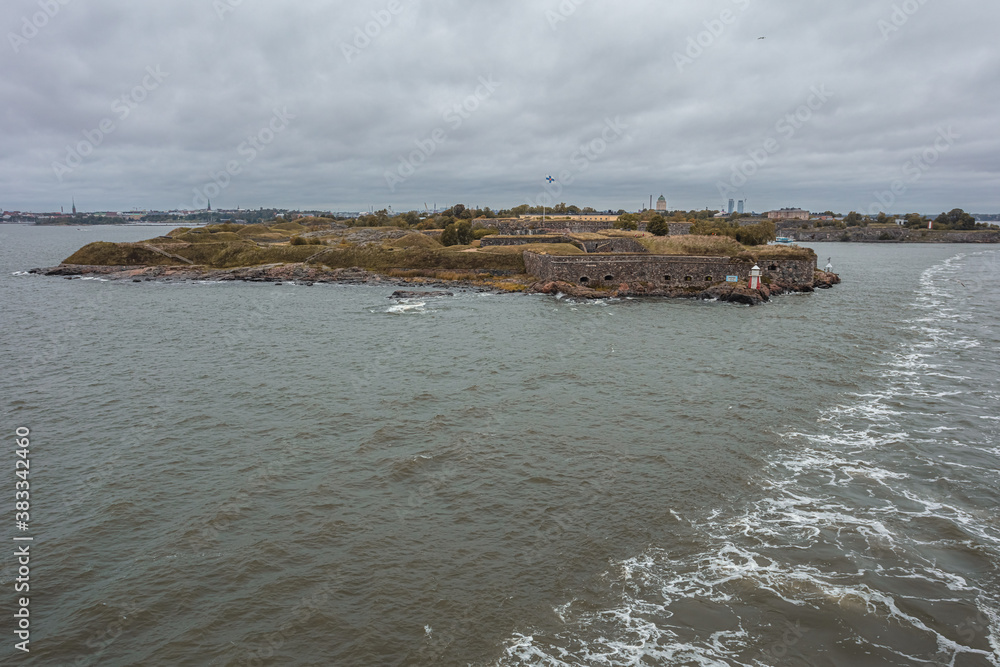 Suomenlinna, Uusimaa, Finland 22 September 2020 View of the island from the ferry leaving for Tallinn