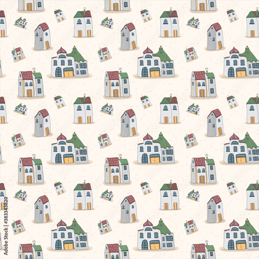 Seamless illustration - hand drawn cartoon pattern of different houses, doodle graphic, cute village in Scandinavian style for apparel, wallpaper, wrapping, textile on milky background Seamless illustration - hand drawn cartoon pattern of different houses, doodle graphic, cute village in Scandinavian style for apparel, wallpaper, wrapping, textile on milky background
