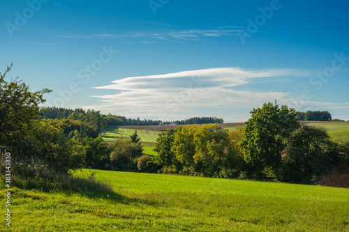 Eine natürliche Landschaft mit grünen Wiesen und Hecken im Sommer unter einem blauen Himmel mit weichen Wolken © Guntar Feldmann