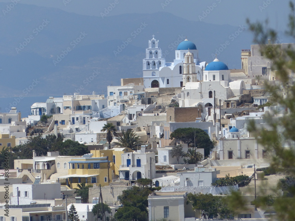 View of the white village of Pyrgos, Santorini island, Thira, Cyclades islands, Greece.