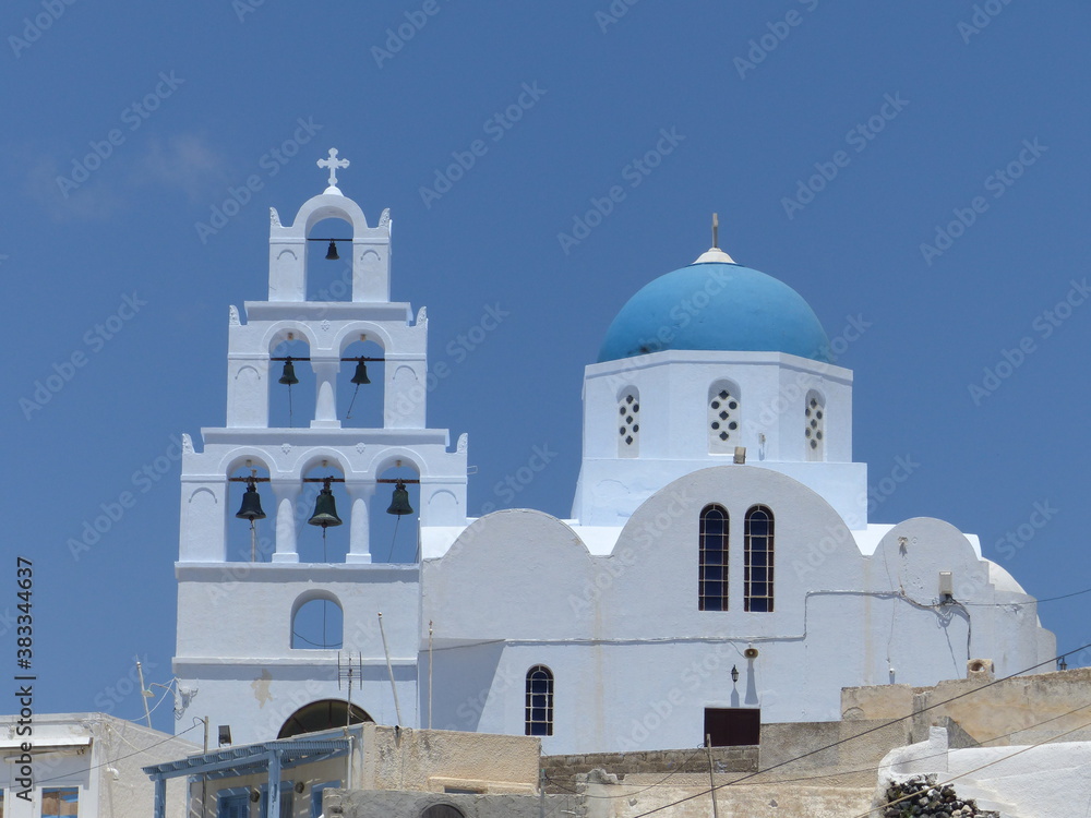 View of the white village of Pyrgos, Santorini island, Thira, Cyclades islands, Greece.