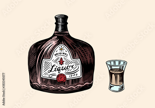 Bottle of liquor. Glass shot with alcohol. Strong drink. Engraved hand drawn vintage sketch for menu or poster. Vector illustration