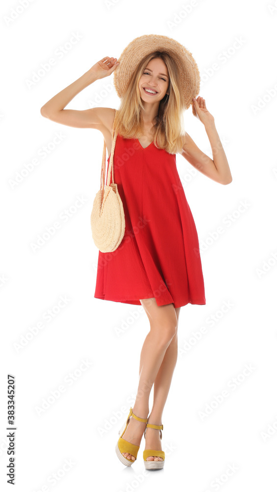 Young woman wearing stylish red dress on white background Young woman wearing stylish red dress on white background