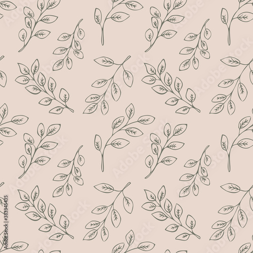 Seamless floral pattern with gray hand drawn leaves on pink background.