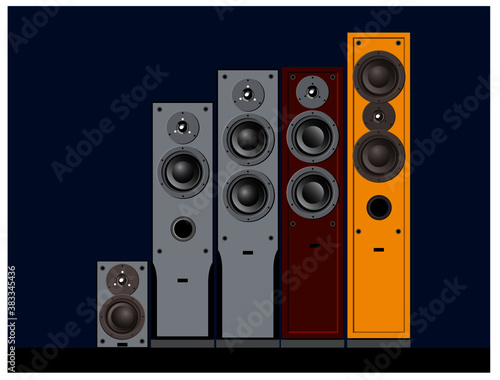 Devices for quality sound. Acustic systems. High-end sound speakers. Vector image for illustrations.