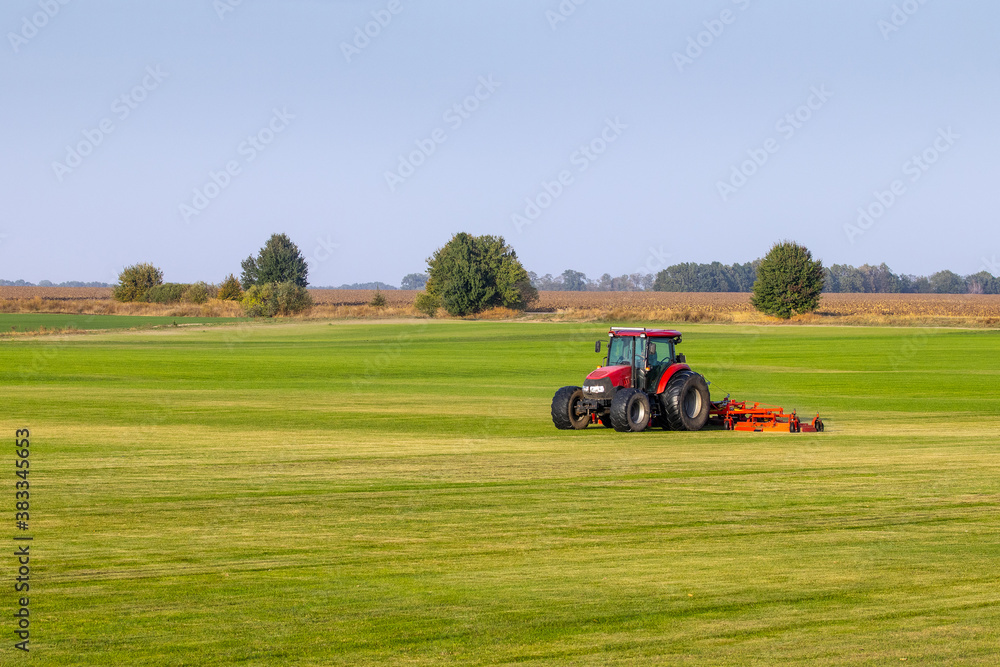 Industrial production of lawn grass in rolls. Trimmed field, resistant to mechanical impact and