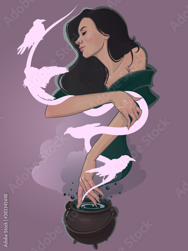 beauty witch and a magic spell in the cauldron