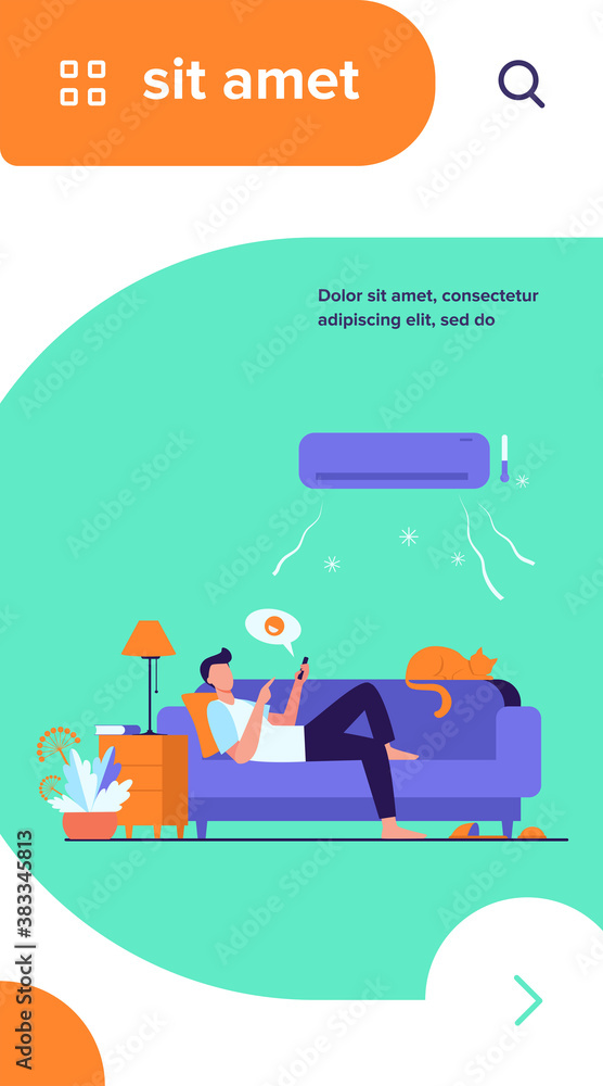 Young man relaxing at couch under air conditioner flat vector illustration. Cartoon guy in cold room chatting via smartphone. Digital technology and summer home concept Young man relaxing at couch under air conditioner flat vector illustration. Cartoon guy in cold room chatting via smartphone. Digital technology and summer home concept