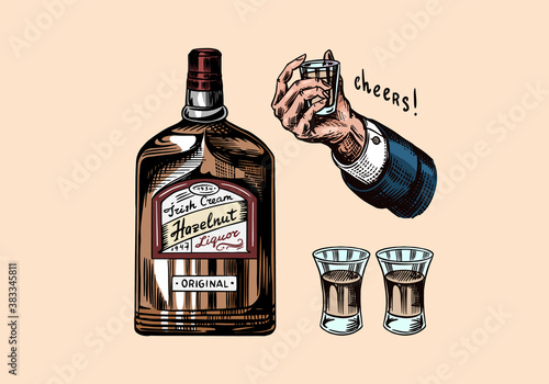 Glass Bottle of liquor. Hand with a shot. Toast cheers. Strong drink. American badge. Alcoholic Label. drawn engraved sketch for t-shirt. Classic frame for bottle poster banner.