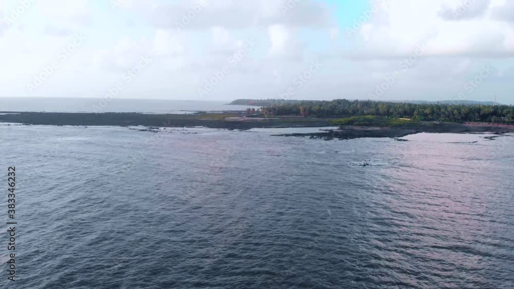 gorai beach dock waves on sun set dron shot birds panorama view