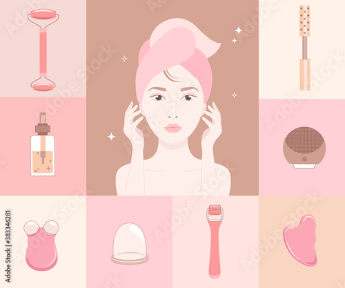 Woman face silhouette with cosmetics gadgets around.Excellent female skin with a facial roller, massager. Chinese medicine recommends.Cosmetic self-care.Advertising a beauty salon.Vector illustration.