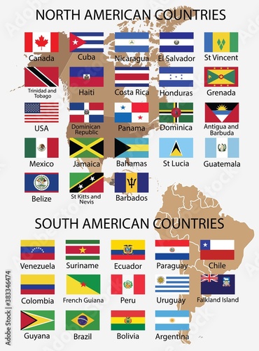 North American and South American countries flags drawing by illustration 