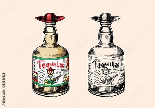  Glass Bottle with strong drink. Vintage Mexican tequila badge. Alcoholic Label for poster banner. Hand Drawn engraved sketch for t-shirt.