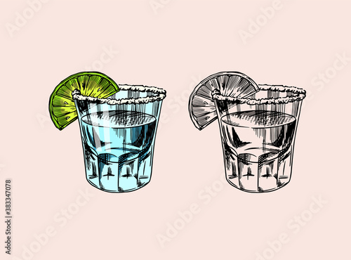 Glass shots with strong drink. Vintage Mexican tequila badge. Alcoholic Label for poster banner. Hand Drawn engraved sketch lettering for t-shirt.