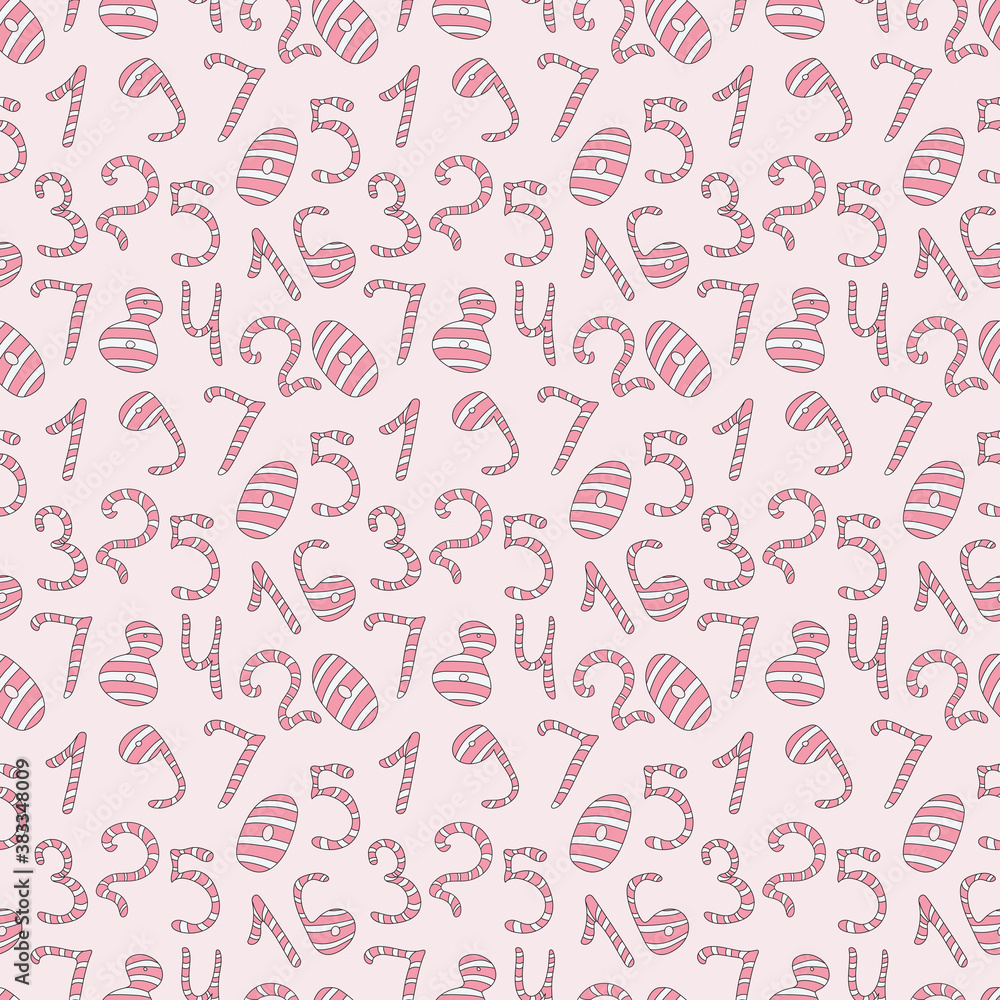 Seamless pattern in Scandinavian style. Cute cartoon pink and white numbers from zero to nine, isolated on pink background. Hand drawn doodle illustration. Cute print.
