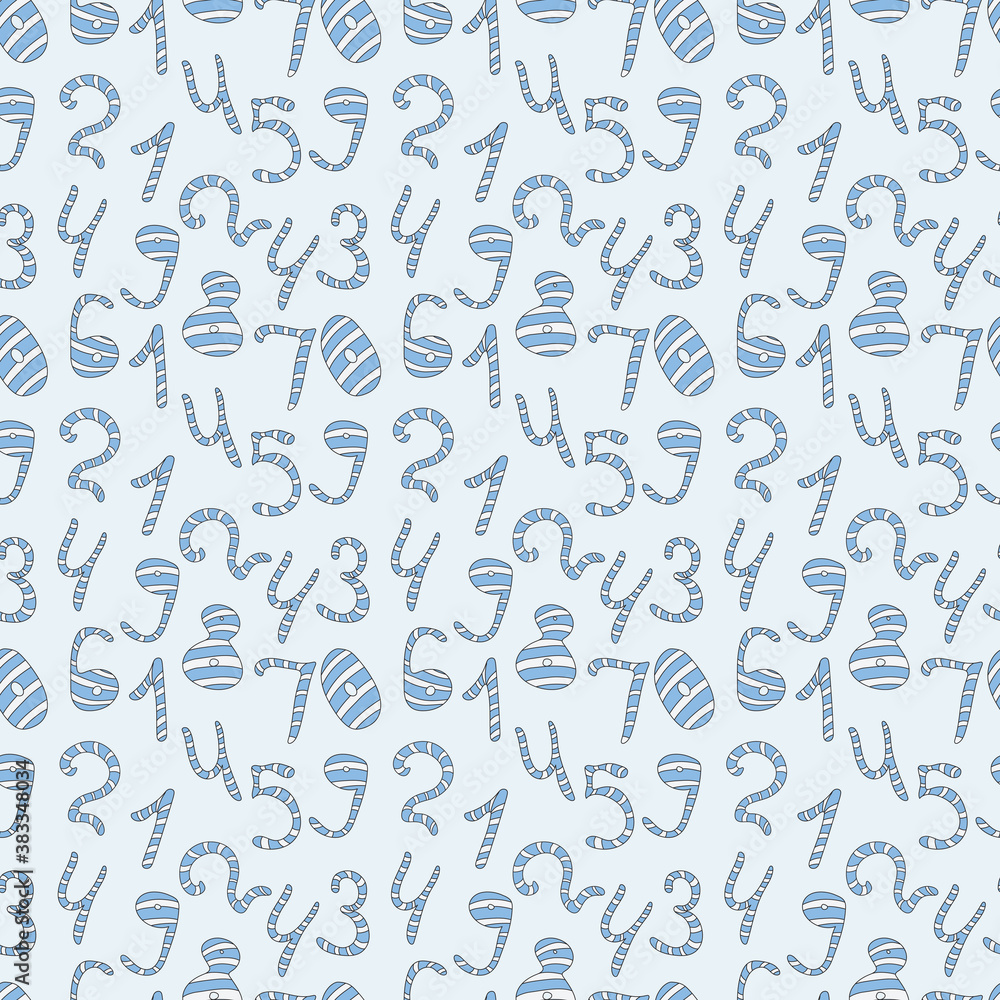 Seamless pattern in Scandinavian style. Cute cartoon blue and white numbers from zero to nine, isolated on blue background. Hand drawn doodle illustration. Cute print. Seamless pattern in Scandinavian style. Cute cartoon blue and white numbers from zero to nine, isolated on blue background. Hand drawn doodle illustration. Cute print.