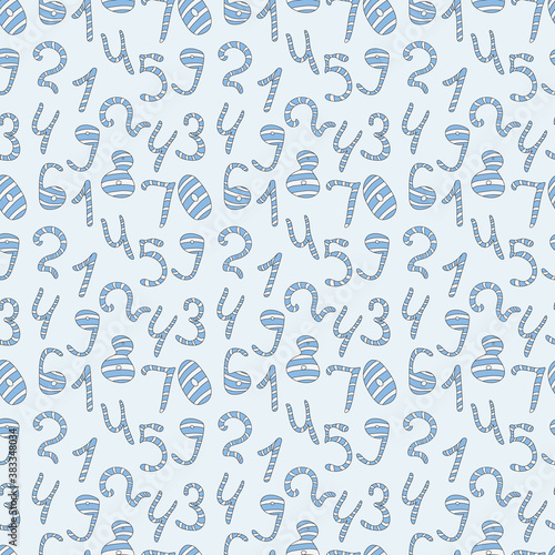 Seamless pattern in Scandinavian style. Cute cartoon blue and white numbers from zero to nine  isolated on blue background. Hand drawn doodle illustration. Cute print.