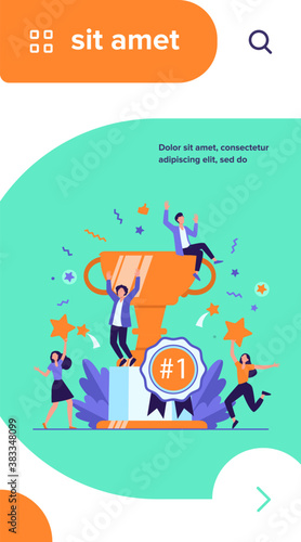 Team of happy employees winning award and celebrating success. Business people enjoying victory, getting gold cup trophy. Vector illustration for reward, prize, champions concepts