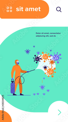 Sanitary workers in protective suits spreading chemicals on virus and disinfecting surface. Vector illustration for coronavirus epidemic, bio hazard, disinfection concept
