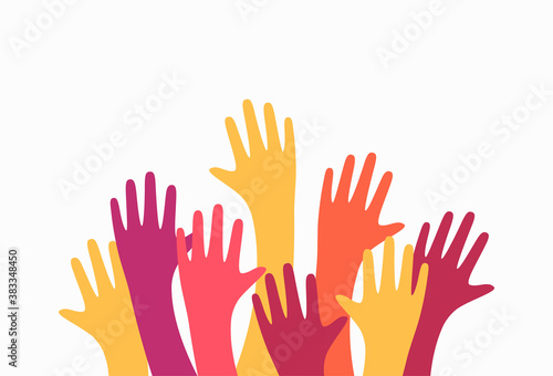 Colorful up hands. Charity teamwork vector concept illustration