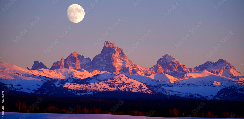© Lane Erickson - Sunset Light Alpen Glow on Tetons Teton Mountains wtih Moon Rising