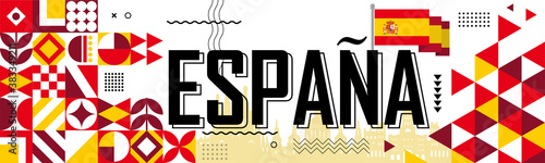 Spain national day banner for España , Espana or Espania with abstract retro modern geometric design. Flag of spain with typography & red yellow color theme. Barcelona & Madrid skyline in background.