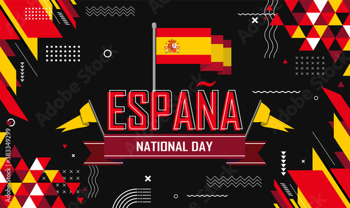Spain national day banner for España , Espana or Espania with abstract retro modern geometric design. Flag of spain with typography & red yellow color theme.