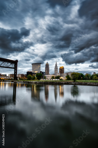 Cleveland ohio skyline with the cuyahoga river in the flats photo