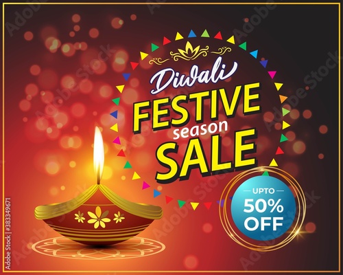Diwali Festive Season Sale banner, 50% off,  on beautiful bokeh backgrund. Dipawali, Indian festival, diya lamp, oil lamp, colorful bokeh background, vector illustration offer banner, advertisement