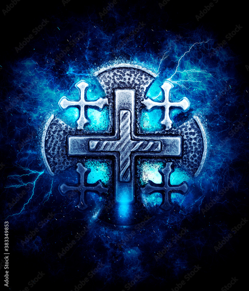 Silver Jerusalem cross with religious inscriptions in dark background