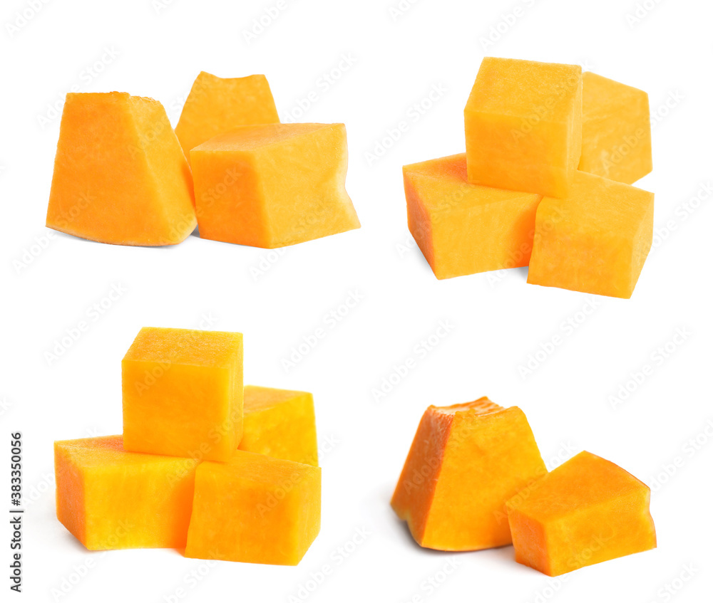 Set of pumpkin pieces on white background Set of pumpkin pieces on white background
