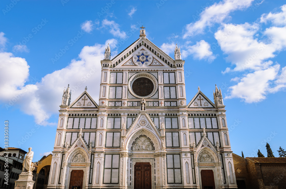 White marble facade of the famous gothic church of Santa Croce in Florence, Italy