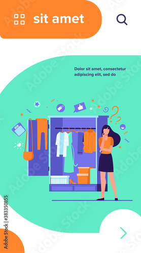 Woman standing at open wardrobe and choosing clothes to wear. Vector illustration for garment, outfit, storage organization, closet, routine, choice concepts
