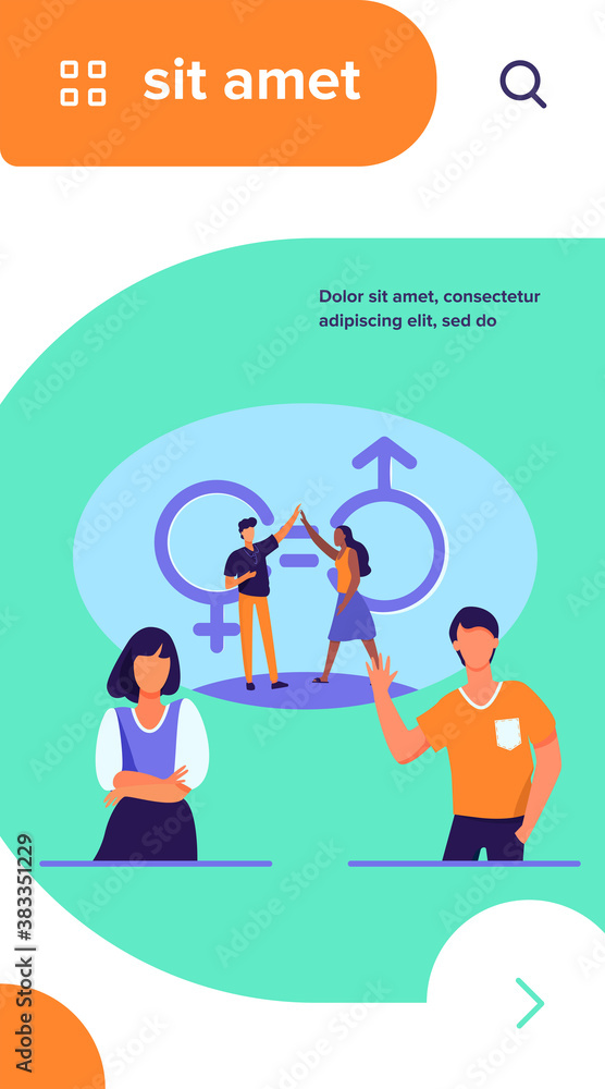 Man and woman giving high five. Male and female characters with gender symbols and equal marks. Vector illustration for equality, discrimination, diversity concept Man and woman giving high five. Male and female characters with gender symbols and equal marks. Vector illustration for equality, discrimination, diversity concept