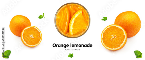 Orange lemonade with ice and mint on white background. Long header banner format. Panorama website header banner. High quality photo