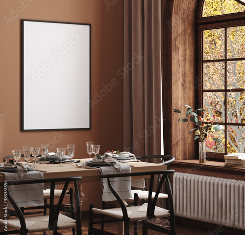 Fotografie, Obraz Mock up frame in cozy modern dining room interior, 3d render