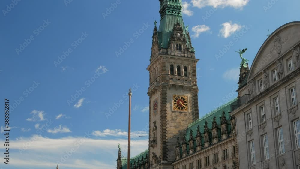 Aug 2020, Hamburg, Germany: view of Hamburg Townhall (Rathaus) against a blue summer sky Aug 2020, Hamburg, Germany: view of Hamburg Townhall (Rathaus) against a blue summer sky