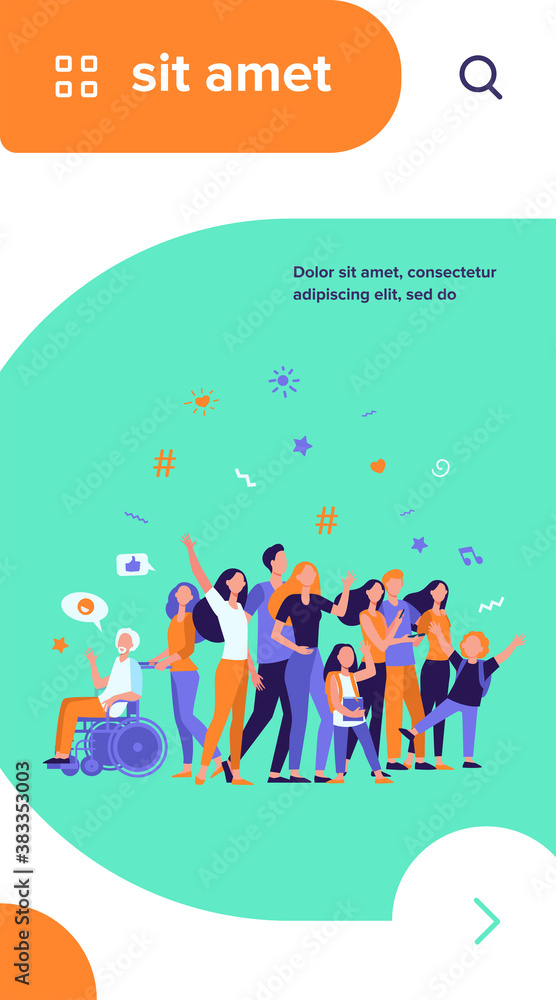 Fototapeta premium Multicultural people standing together isolated flat vector illustration. Cartoon diverse characters of multinational community members. Society and public concept