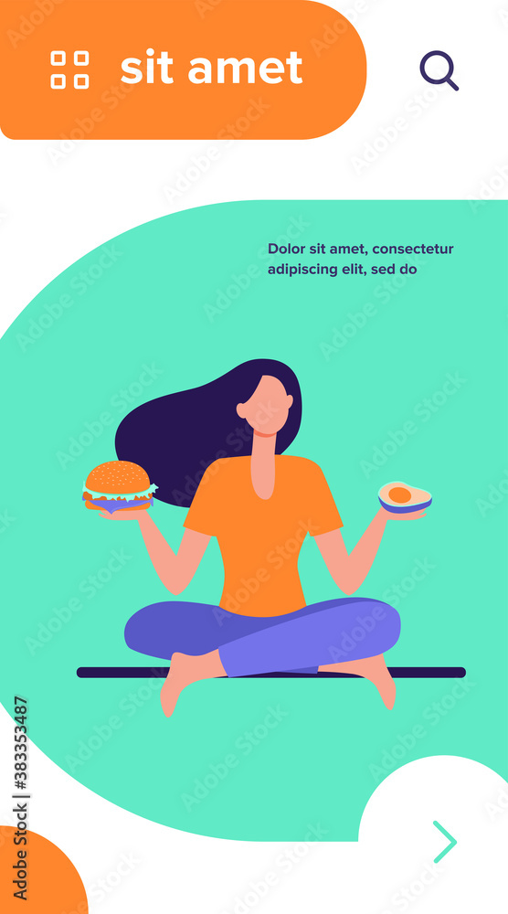 Healthy and junk food choice. Woman choosing between burger and avocado flat vector illustration. Healthy eating, unhealthy habit, diet concept for banner, website design or landing web page