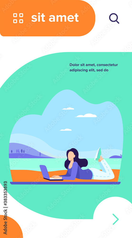Happy woman lying on beach with laptop. Freelance, lake, computer flat vector illustration. Communication and digital technology concept for banner, website design or landing web page