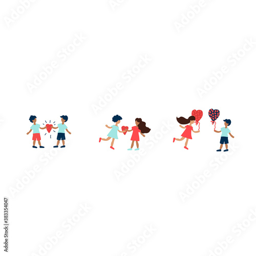 Illustration of multiracial young people for the day of Love. Elements of the vector illustration are hand-drawn boys and girls balloons with hearts and letters of love. Flat elements for Valentine's