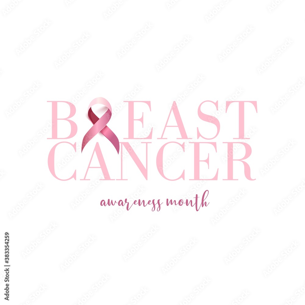 Realistic pink ribbon, breast cancer awareness symbol, vector illustration.  Woman, flower, hope.