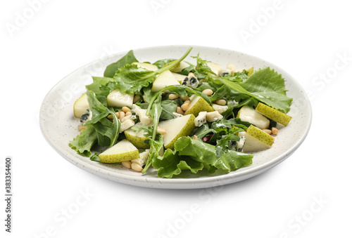 Tasty salad with pear slices, lettuce and pine nuts isolated on white