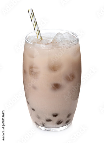 Tasty brown milk bubble tea isolated on white
